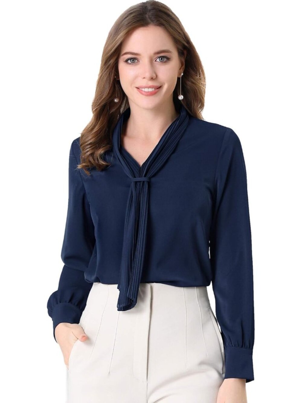 Womens Long Sleeve Blouses Chiffon Pleated Tie Neck Office Top